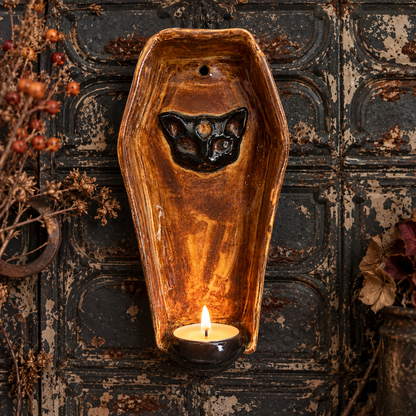 Familiar’s Rest Handmade Ceramic Coffin Wall Shelf – Gothic Tealight & Succulent Holder, 18 × 9 × 5 cm by Red Raven Pottery