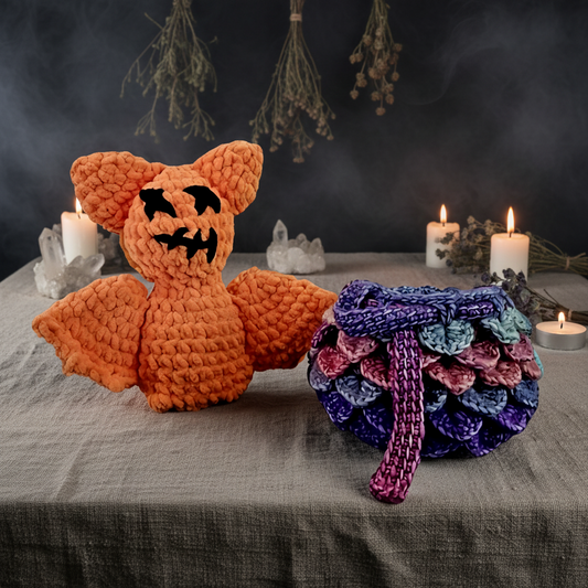 Fiery Bat & Dragon Scale Cauldron Plush - Hand-crocheted Amigurumi Set, 18 cm by Hook & Hex
