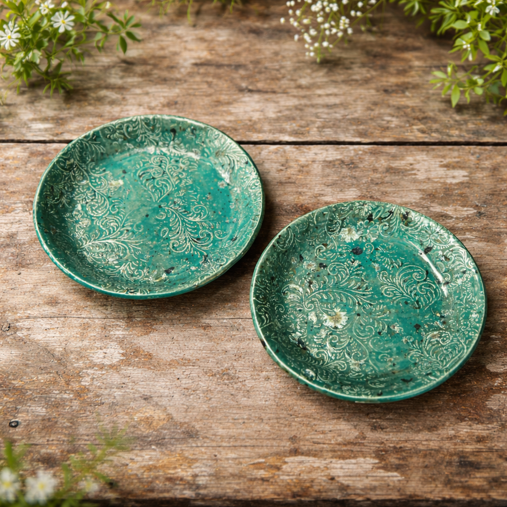 Floral Reef Ceramic Plate – Botanical Serving Ritual, Ø19.5×3 cm & Ø17.5×3 cm by Red Raven Pottery
