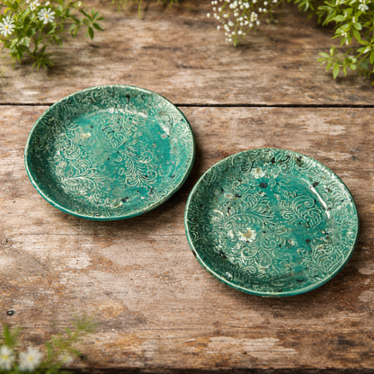 Floral Reef Ceramic Plate – Botanical Serving Ritual, Ø19.5×3 cm & Ø17.5×3 cm by Red Raven Pottery