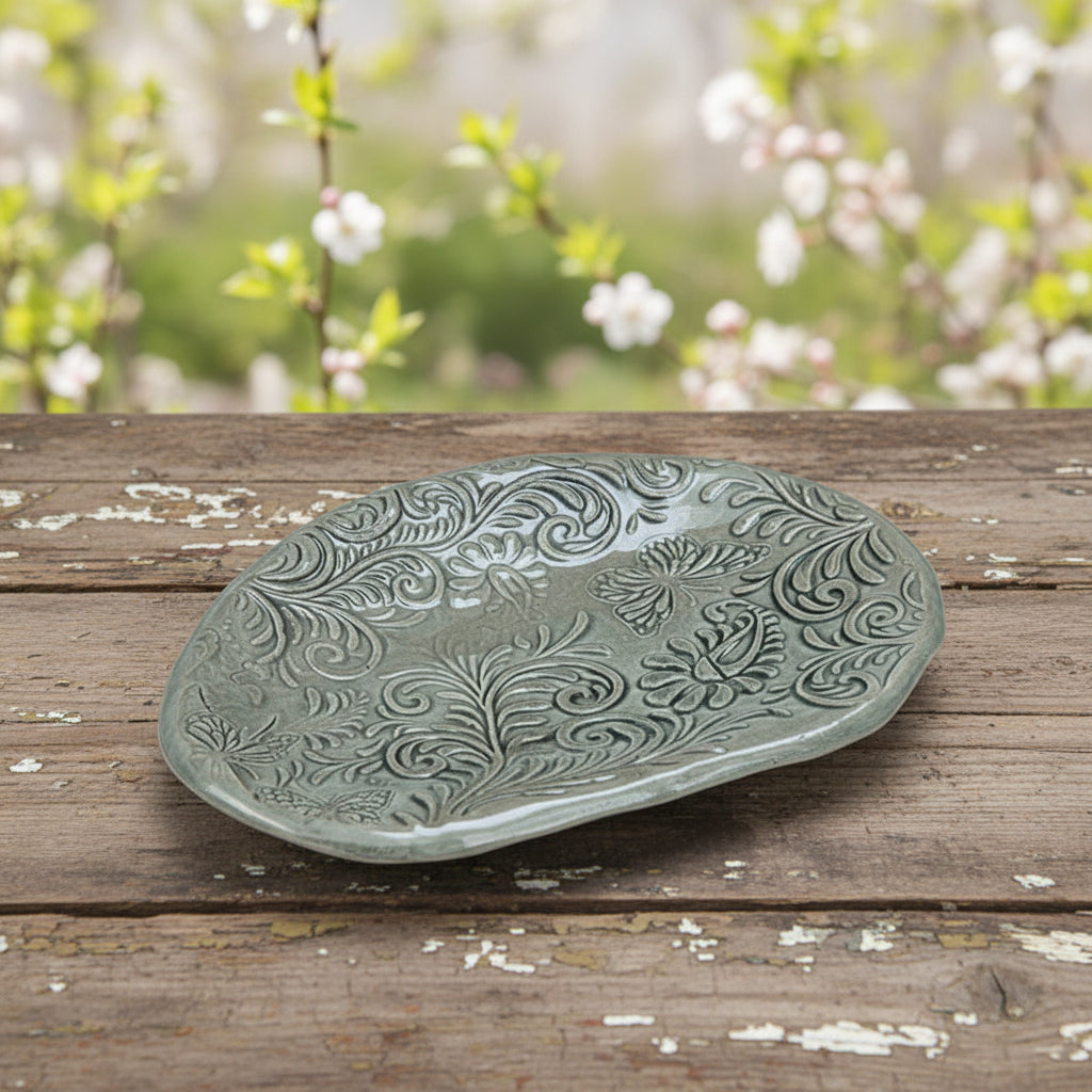 Floral Reverie Ceramic Trinket Dish – Quiet Transformation in Clay, Ø9×1.5 cm by Red Raven Pottery