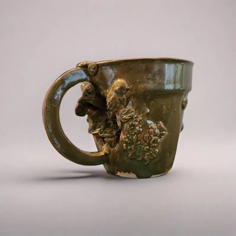 Forestbound Ceramic Tea Mug – Moss-Green Woodland Ritual, Ø9.5×10 cm by Red Raven Pottery