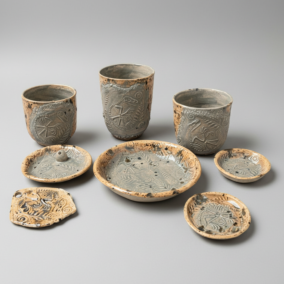 Fossil Field Ceramic Set – Excavated Impressions, various designs by Red Raven Pottery