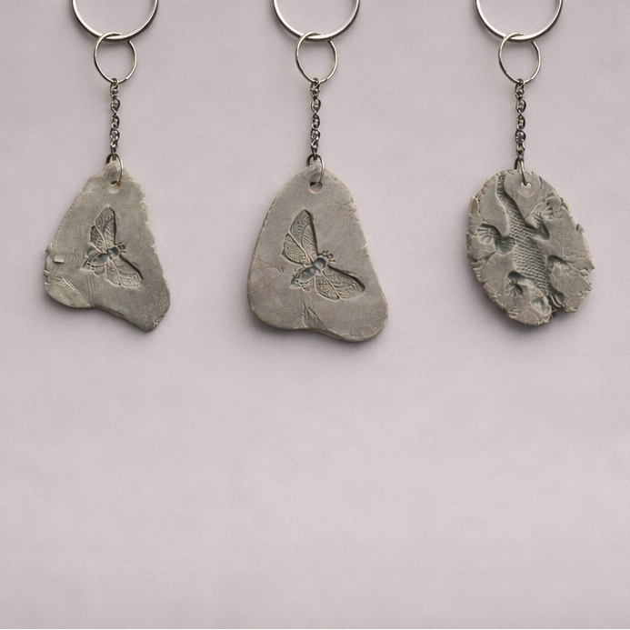 Fossil Imprint Keychain – Heirloom Ceramic Charm, 4×3 cm, various designs by Red Raven Pottery