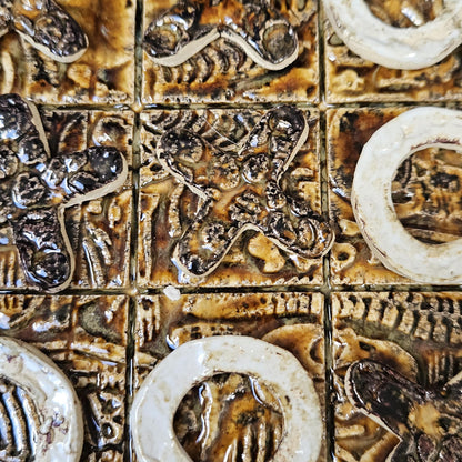 Fossilized Relic Tic-Tac-Toe Set - Ancient Ceramic Game Board - Bones & Bugs Relief - Dark Academia/Rustic Home Decor