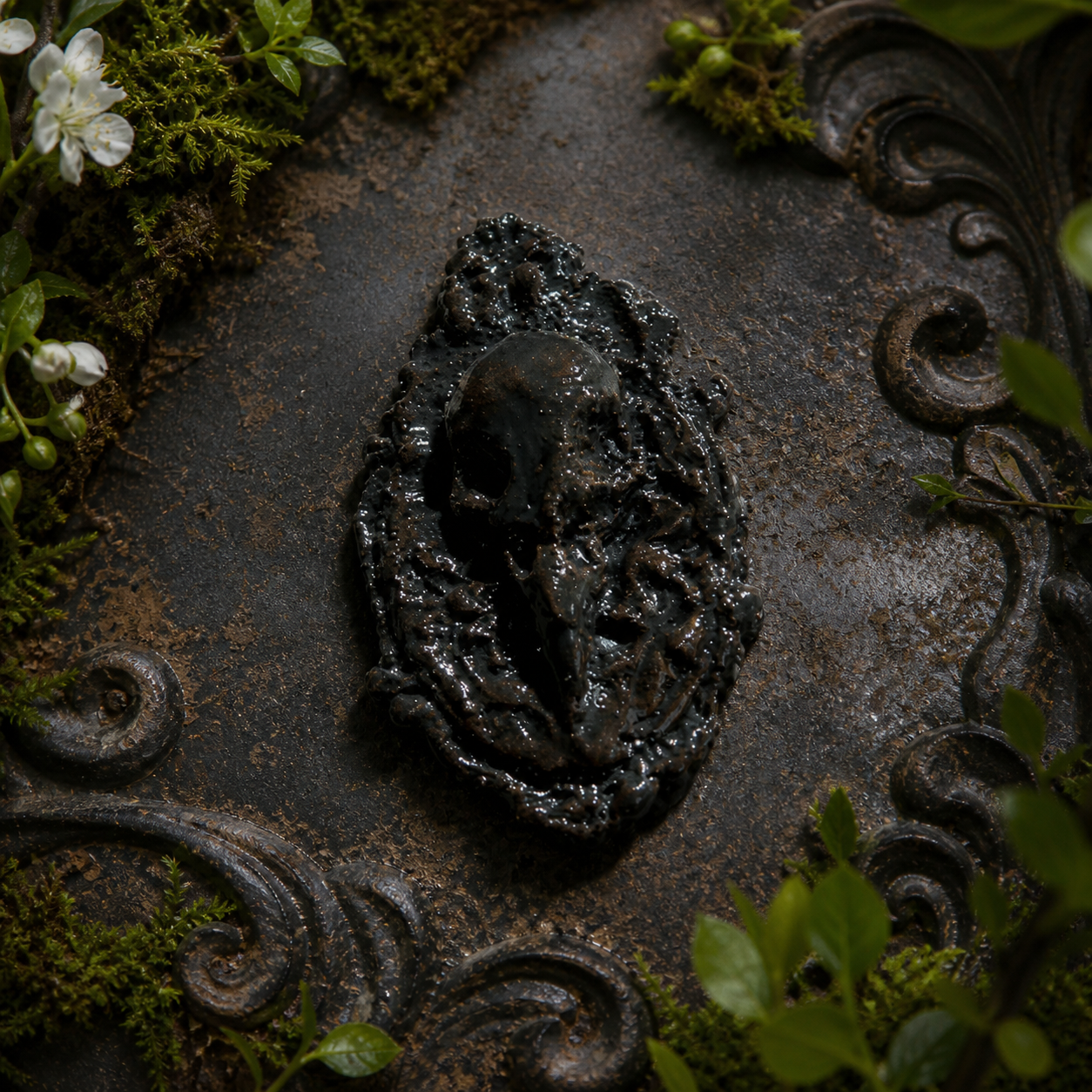 Framed Raven Skull Fridge Magnet – Dark Baroque Ceramic Ornament, 5×3 cm by Red Raven Pottery
