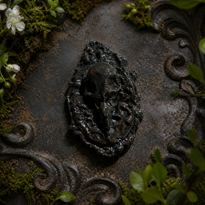 Framed Raven Skull Fridge Magnet – Dark Baroque Ceramic Ornament, 5×3 cm by Red Raven Pottery