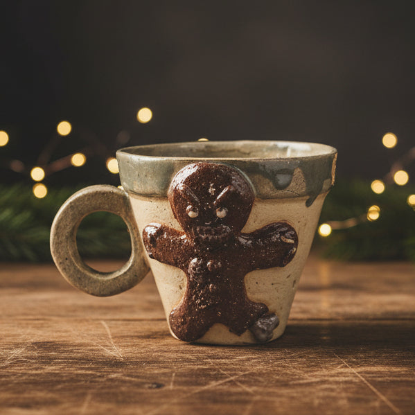 Frostbitten Gingerdead Ceramic Coffee Cup – Twisted Holiday Chaos, Ø9×8 cm by Red Raven Pottery
