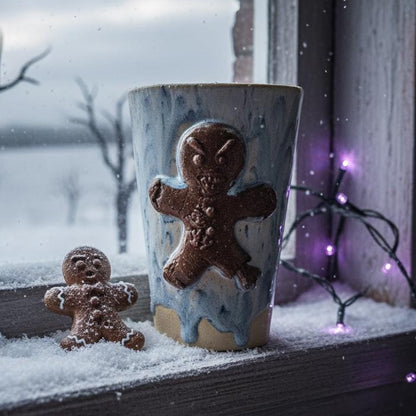 Frostbitten Gingerdead Ceramic Tumbler – Twisted Holiday Chaos, Ø8×12 cm by Red Raven Pottery