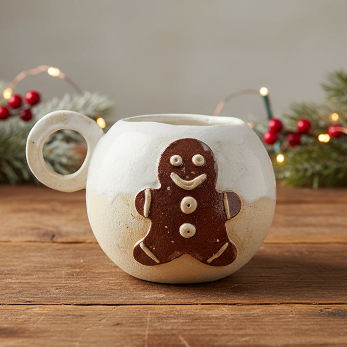Frosty Gingerbread Ceramic Tea Mug – Jolly Season Warmth, Ø11×10 cm by Red Raven Pottery