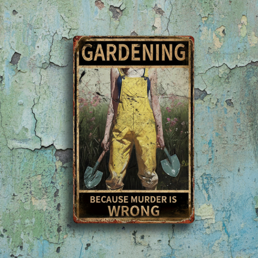 Gardening Because Murder Is Wrong Metal Sign – Dark Humor Garden Wall Art, 20 × 30 cm