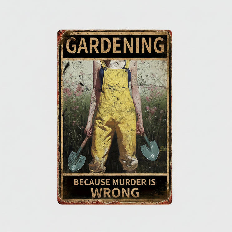 Gardening Because Murder Is Wrong Metal Sign – Dark Humor Garden Wall Art, 20 × 30 cm