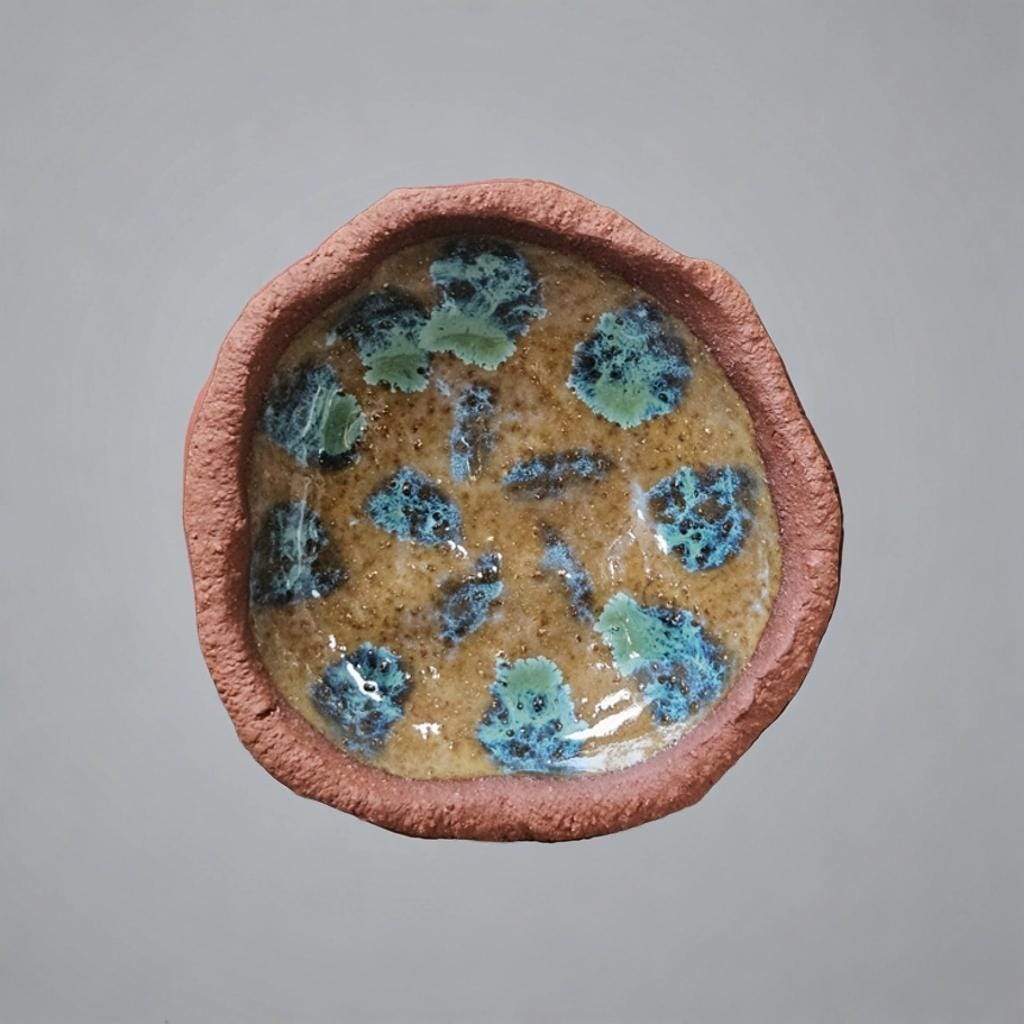 Geode Gloss Terracotta Trinket Dish – Earthy Luster Pinched Pot, Ø11×2 cm by Red Raven Pottery