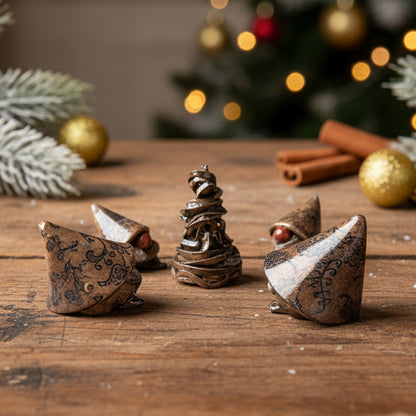 Gnomes Around the Tree Ceramic Figurine Set – Quiet Guardians Of The Winter Hearth, 6–8 cm by Red Raven Pottery