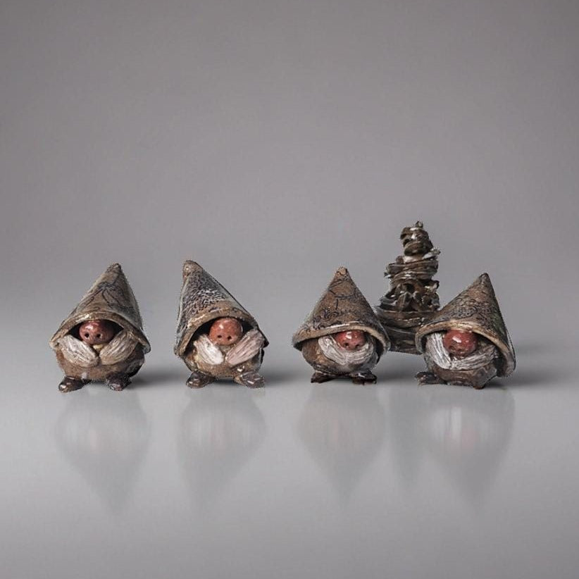 Gnomes Around the Tree Ceramic Figurine Set – Quiet Guardians Of The Winter Hearth, 6–8 cm by Red Raven Pottery