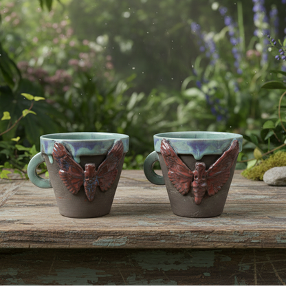 Gothic Moth Ceramic Coffee Cups – Quiet Nocturnal Duo, Ø8×7 cm by Red Raven Pottery