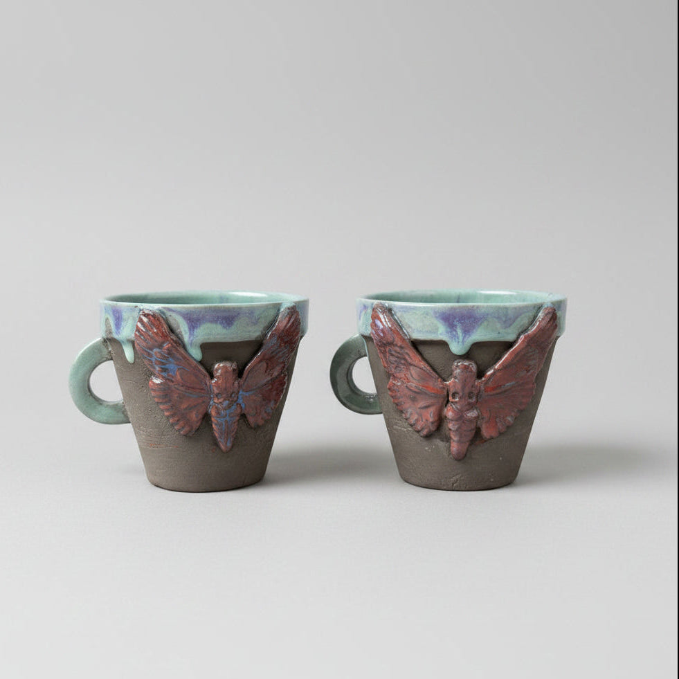 Gothic Moth Ceramic Coffee Cups – Quiet Nocturnal Duo, Ø8×7 cm by Red Raven Pottery