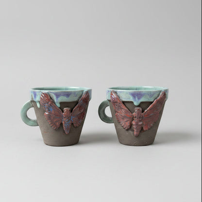 Gothic Moth Ceramic Coffee Cups – Quiet Nocturnal Duo, Ø8×7 cm by Red Raven Pottery