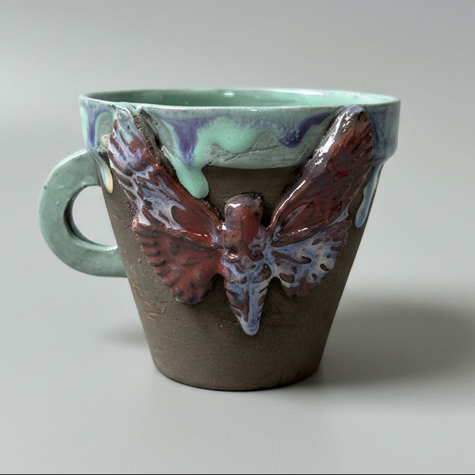 Gothic Moth Ceramic Coffee Cups – Quiet Nocturnal Duo, Ø8×7 cm by Red Raven Pottery