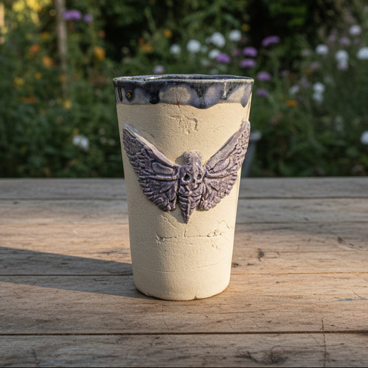Gothic Moth Ceramic Tumbler – Vessel of Transformation & Mortality, Ø8×12 cm by Red Raven Pottery