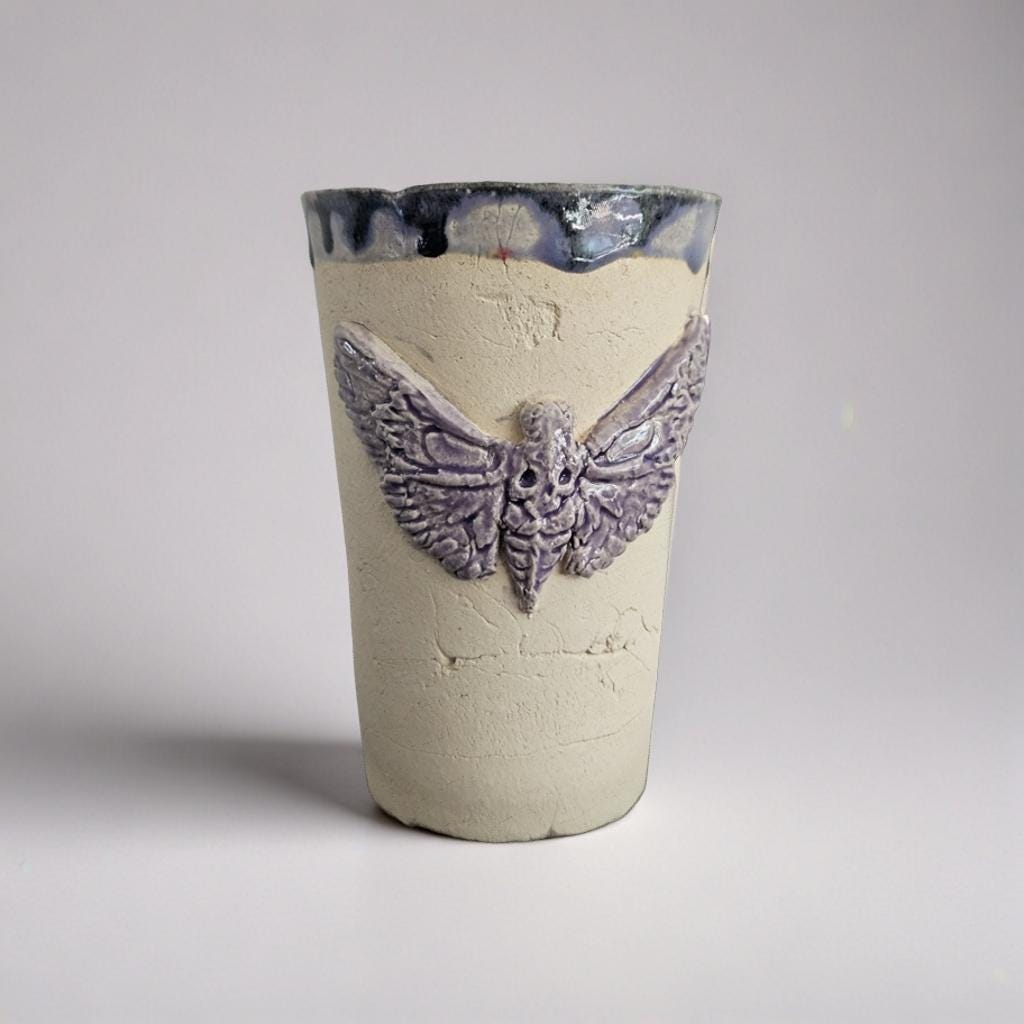 Gothic Moth Ceramic Tumbler – Vessel of Transformation & Mortality, Ø8×12 cm by Red Raven Pottery