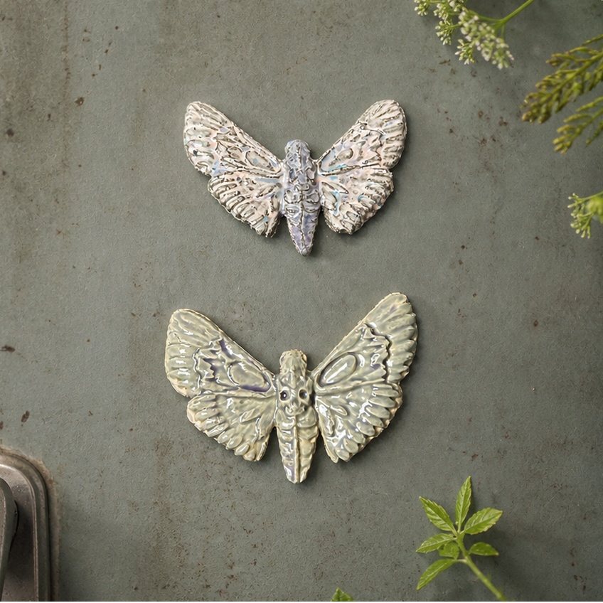 Gothic Moth Fridge Magnet – Nocturnal Wing Ceramic Ornament, 7.5×5 cm by Red Raven Pottery
