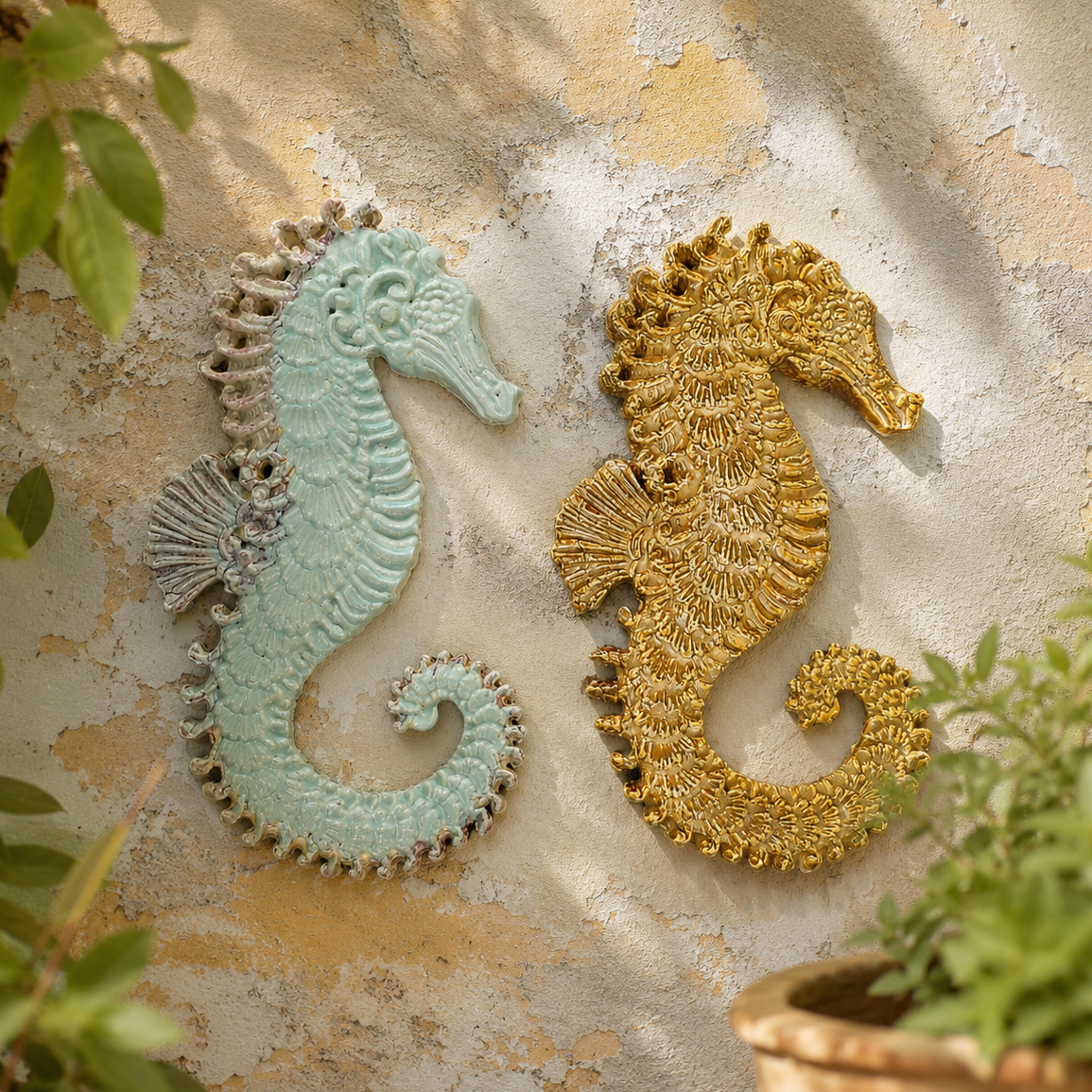 Graceful Seahorse Ceramic Wall Hanging – Ocean Spirit Figurine, 17×10 cm by Red Raven Pottery