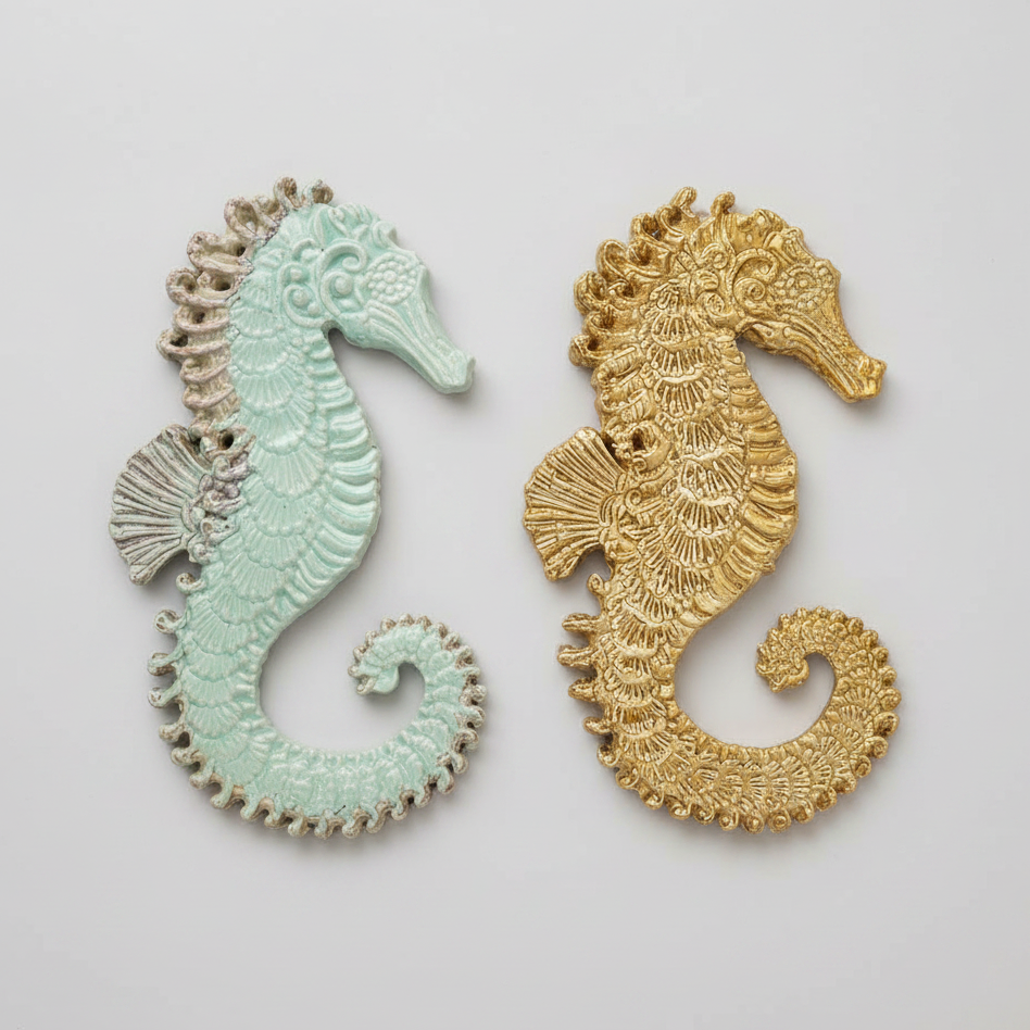 Graceful Seahorse Ceramic Wall Hanging – Ocean Spirit Figurine, 17×10 cm by Red Raven Pottery