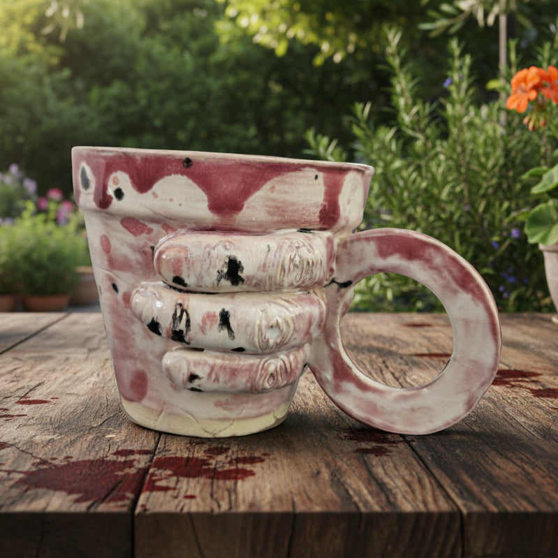 Gripping Hand Ceramic Coffee Cup – Bloodbound Art in Clay, Ø7×6.5 cm by Red Raven Pottery