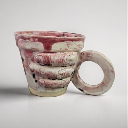 Gripping Hand Ceramic Coffee Cup – Bloodbound Art in Clay, Ø7×6.5 cm by Red Raven Pottery