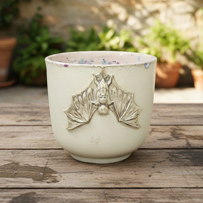 Guardian Bat Ceramic Planter – Midnight Garden Charm, Ø8.5×8 cm by Red Raven Pottery