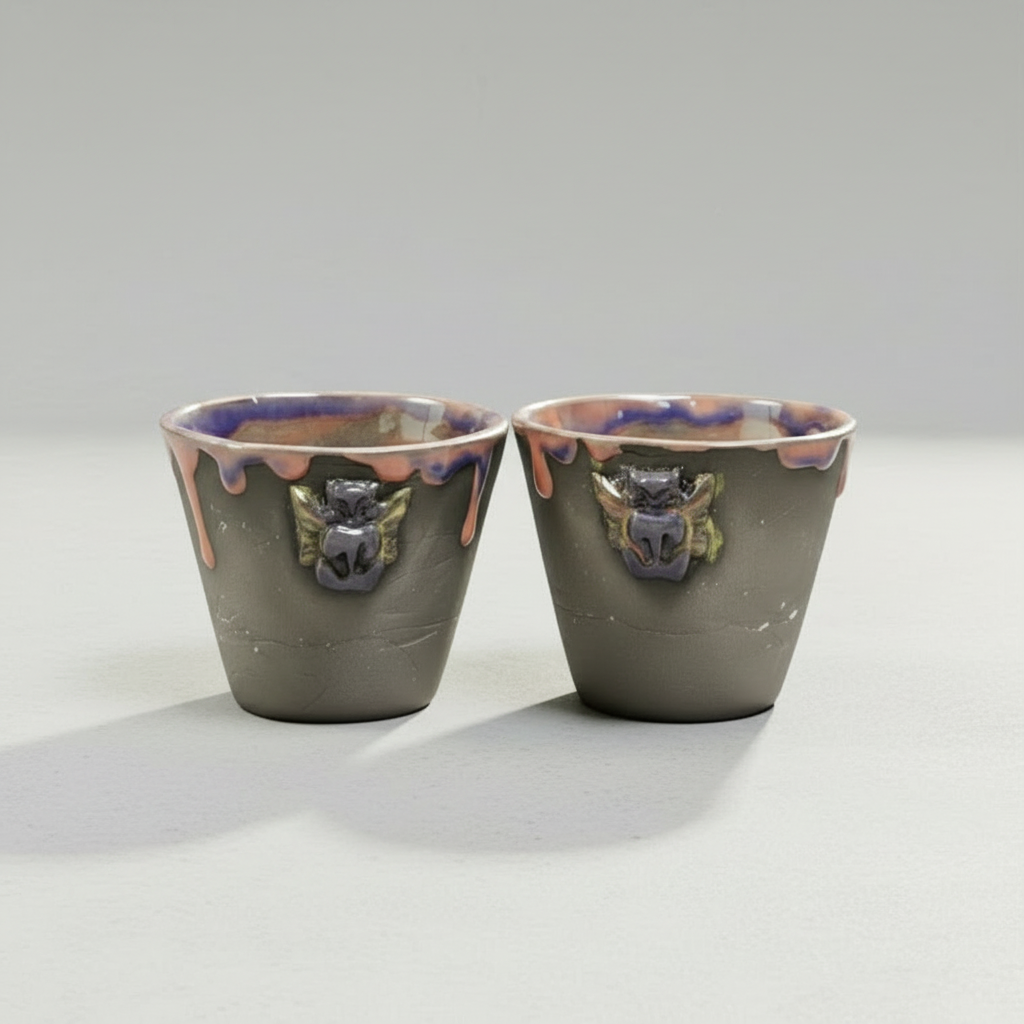 Guardian Raccoon Ceramic Mini Planters – Winged Duo For Liveliness, Ø6.5×5.5 cm by Red Raven Pottery