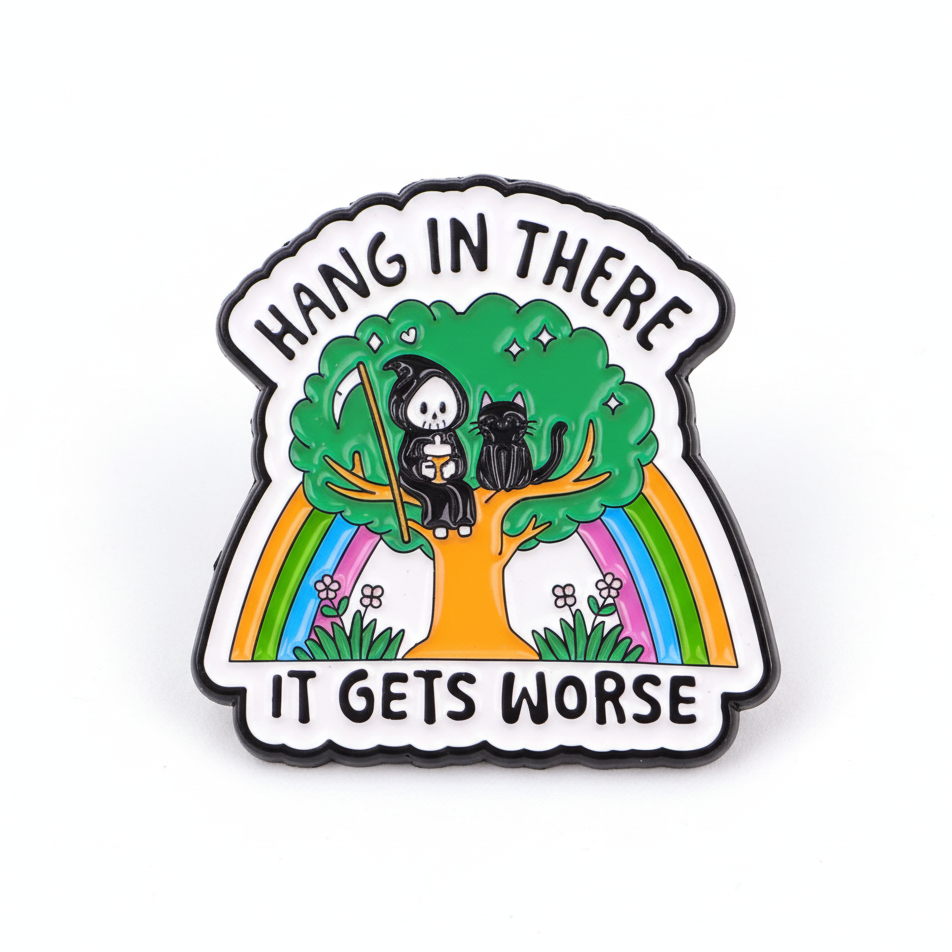 Hang In There Lapel Pin – Dark Reaper Humor Metal Badge, 3 × 3.5 cm