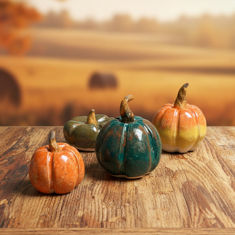 Harvest Shades Handmade Ceramic Pumpkin Figurine – Autumn Decoration, Various Designs by Red Raven Pottery