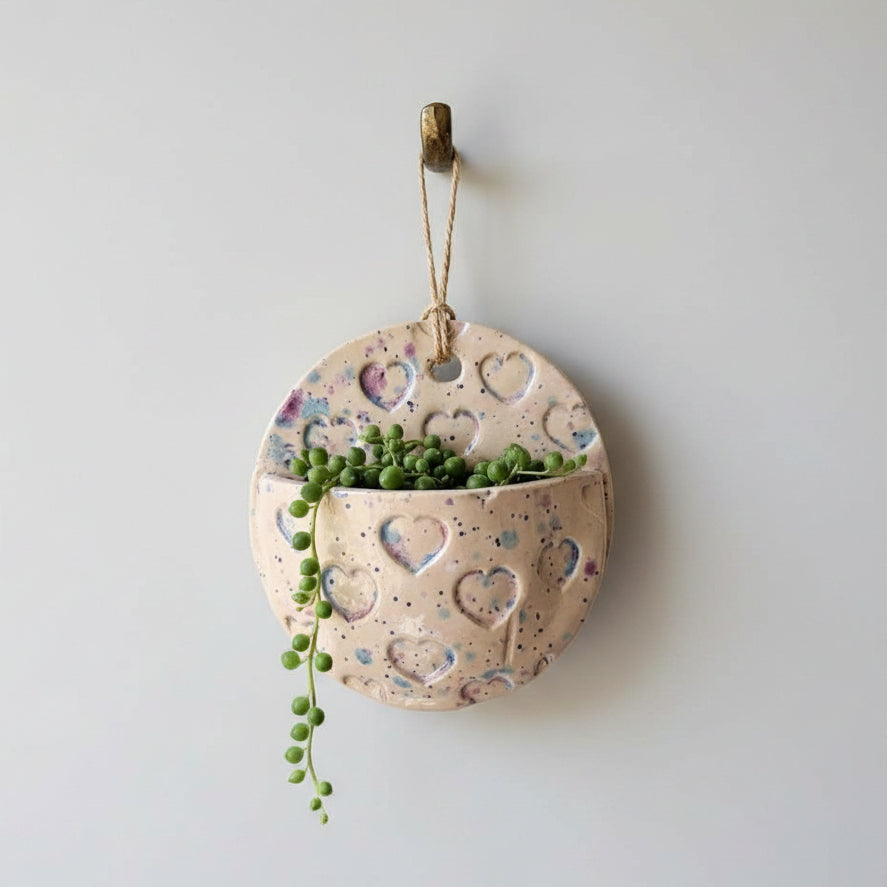 Heartstrings Ceramic Wall Planter – Sweet Succulent Pocket, Ø10 × 3 cm by Red Raven Pottery