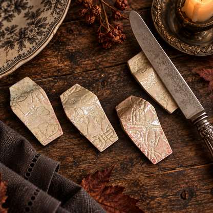 Heather Entomology Handmade Ceramic Cutlery Rests – Coffin-Shaped Tableware, 9 × 4 × 1 cm by Red Raven Pottery