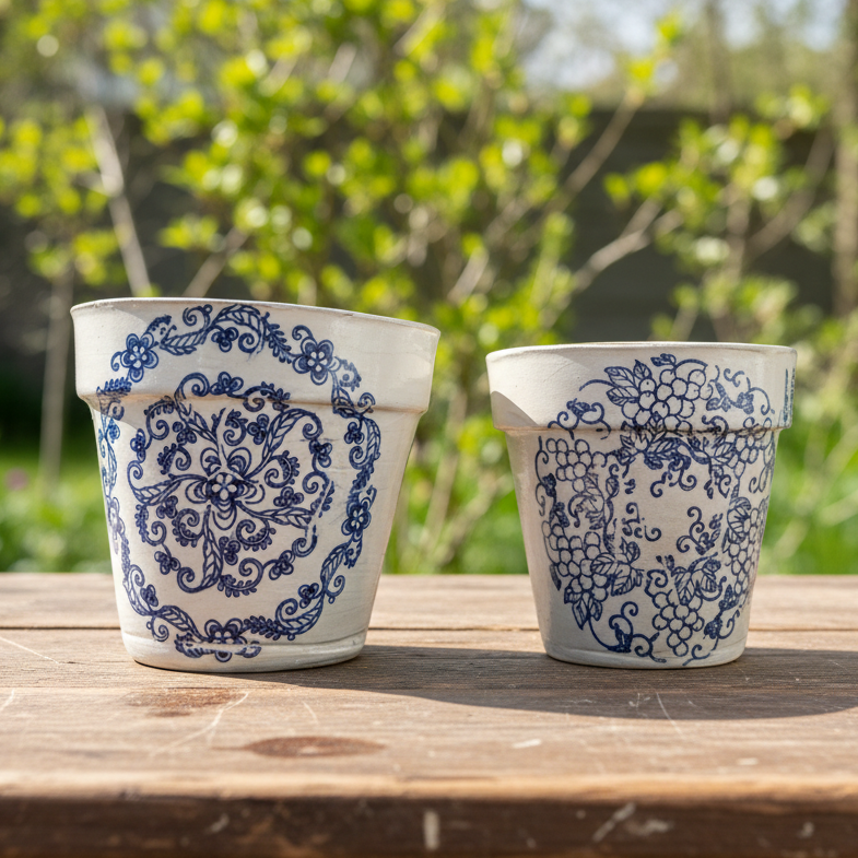 Heirloom Stamp Ceramic Planter – Blue Echoes of Botanical Calm, Ø8×9 cm by Red Raven Pottery