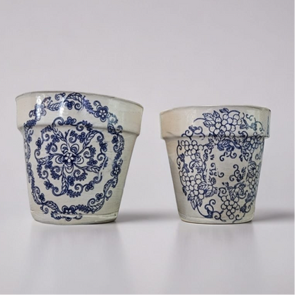 Heirloom Stamp Ceramic Planter – Blue Echoes of Botanical Calm, Ø8×9 cm by Red Raven Pottery