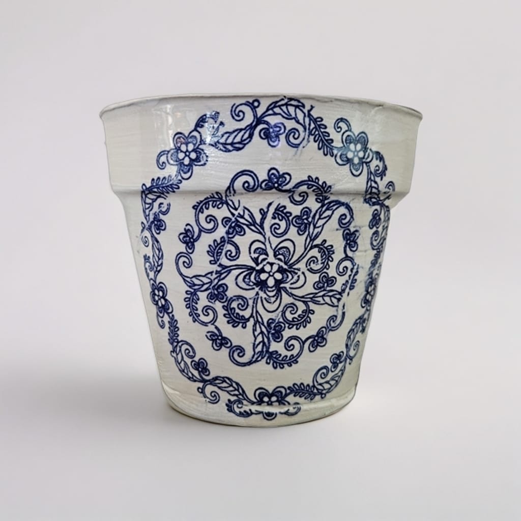 Heirloom Stamp Ceramic Planter – Blue Echoes of Botanical Calm, Ø8×9 cm by Red Raven Pottery