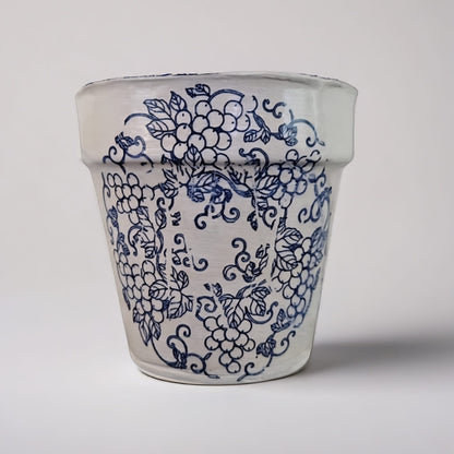 Heirloom Stamp Ceramic Planter – Blue Echoes of Botanical Calm, Ø8×9 cm by Red Raven Pottery