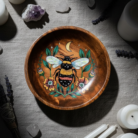 Honey Bee Mango Wood Bowl – Hand-Painted Tripod Dish, Ø 24 × 10 cm by Hook & Hex