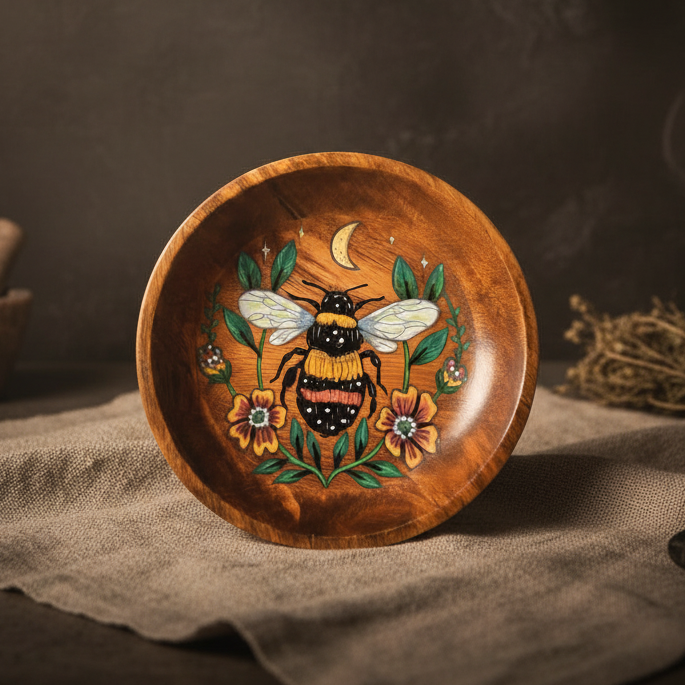 Honey Bee Painted Offering Bowl – Mango Wood For Purifying Rituals, Ø 24 × 10 cm by Hook & Hex