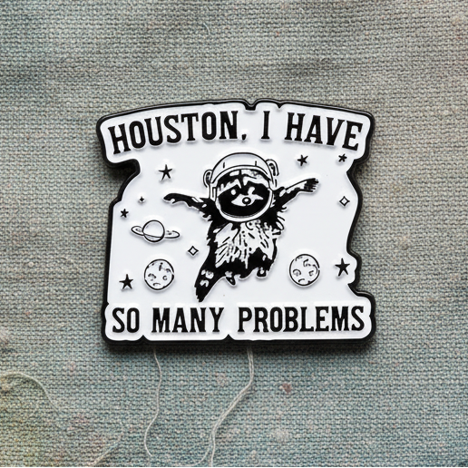 Houston, I Have So Many Problems Lapel Pin – Space Raccoon Metal Badge, 3 × 2.5 cm