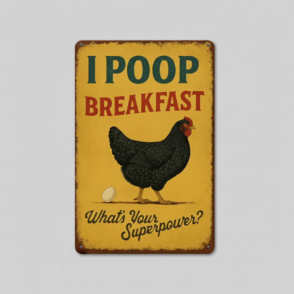 I Poop Breakfast Metal Sign – Farmyard Humor Wall Art, 20 × 30 cm