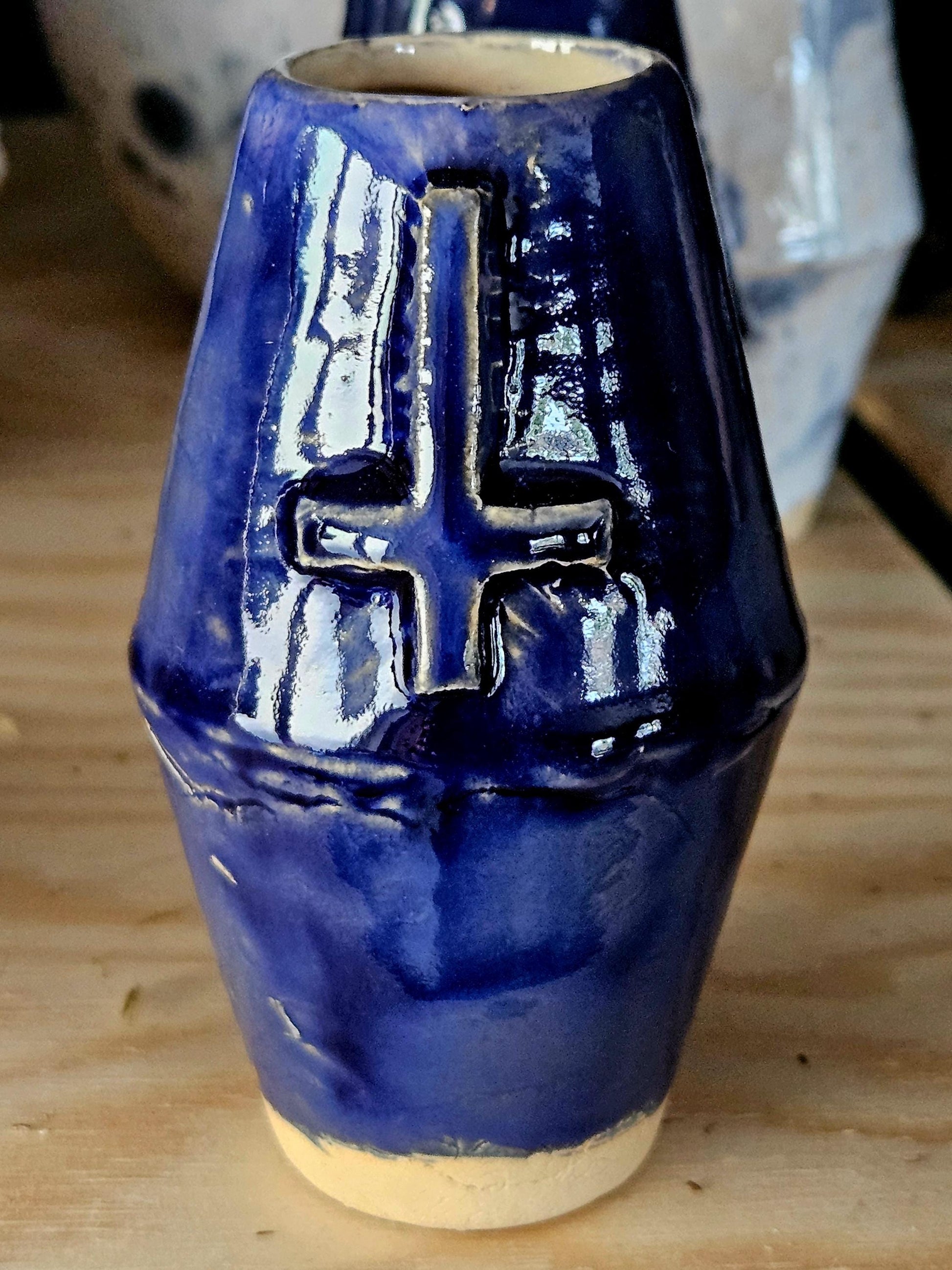 Handmade Dark Blue Ceramic Vase with Inverted Cross – 10 cm Occult Gothic Altar Decor