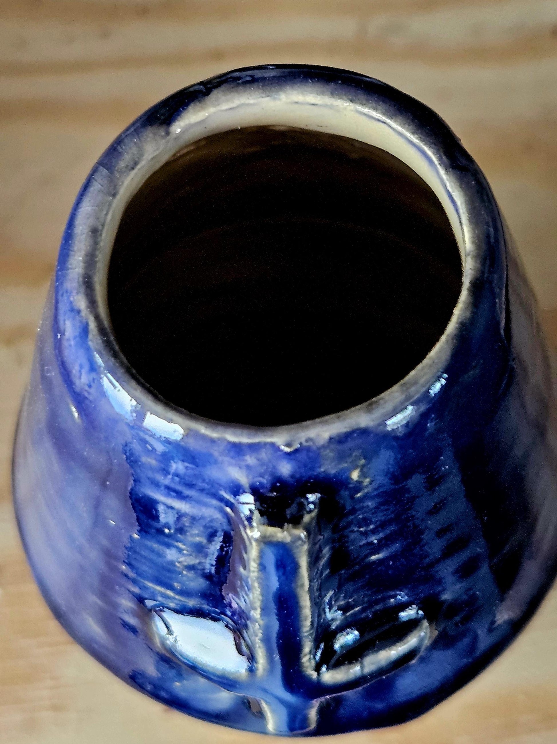 Handmade Dark Blue Ceramic Vase with Inverted Cross – 10 cm Occult Gothic Altar Decor