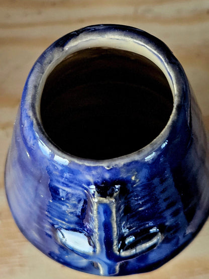 Handmade Dark Blue Ceramic Vase with Inverted Cross – 10 cm Occult Gothic Altar Decor