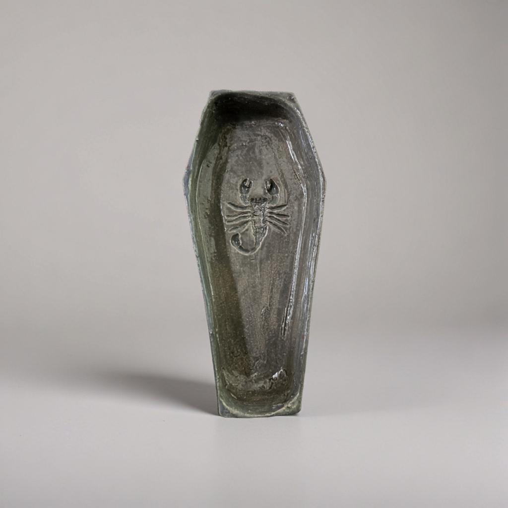 Ceramic Coffin Trinket Dish – Handmade 15x7 cm Bowl with Moth or Scorpion