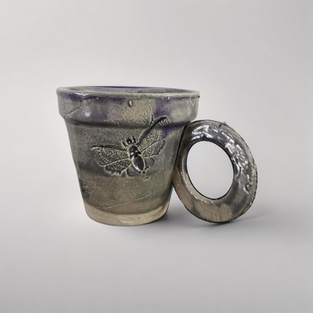 Handmade Ceramic Coffee Cup with Moth Relief – Wabi Sabi Purple