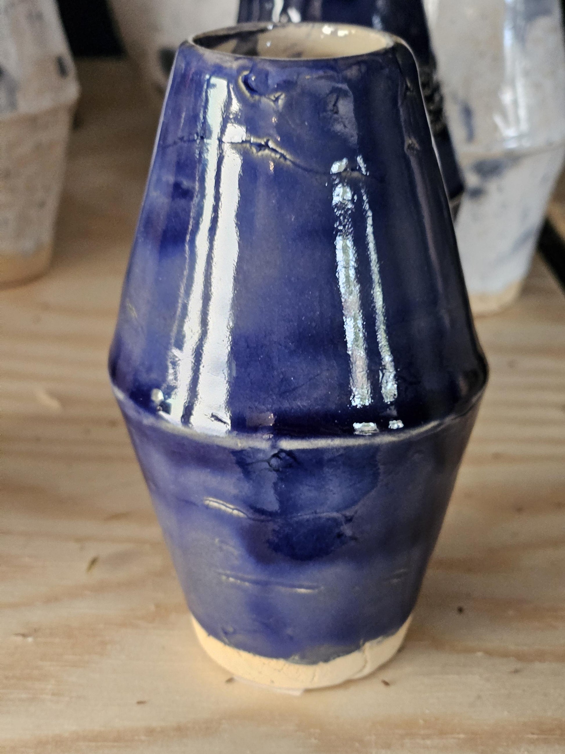 Handmade Dark Blue Ceramic Vase with Inverted Cross – 10 cm Occult Gothic Altar Decor